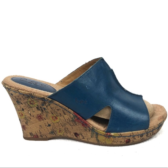 Bøc | Women’s Blue Leather Floral Open Toe Wedges